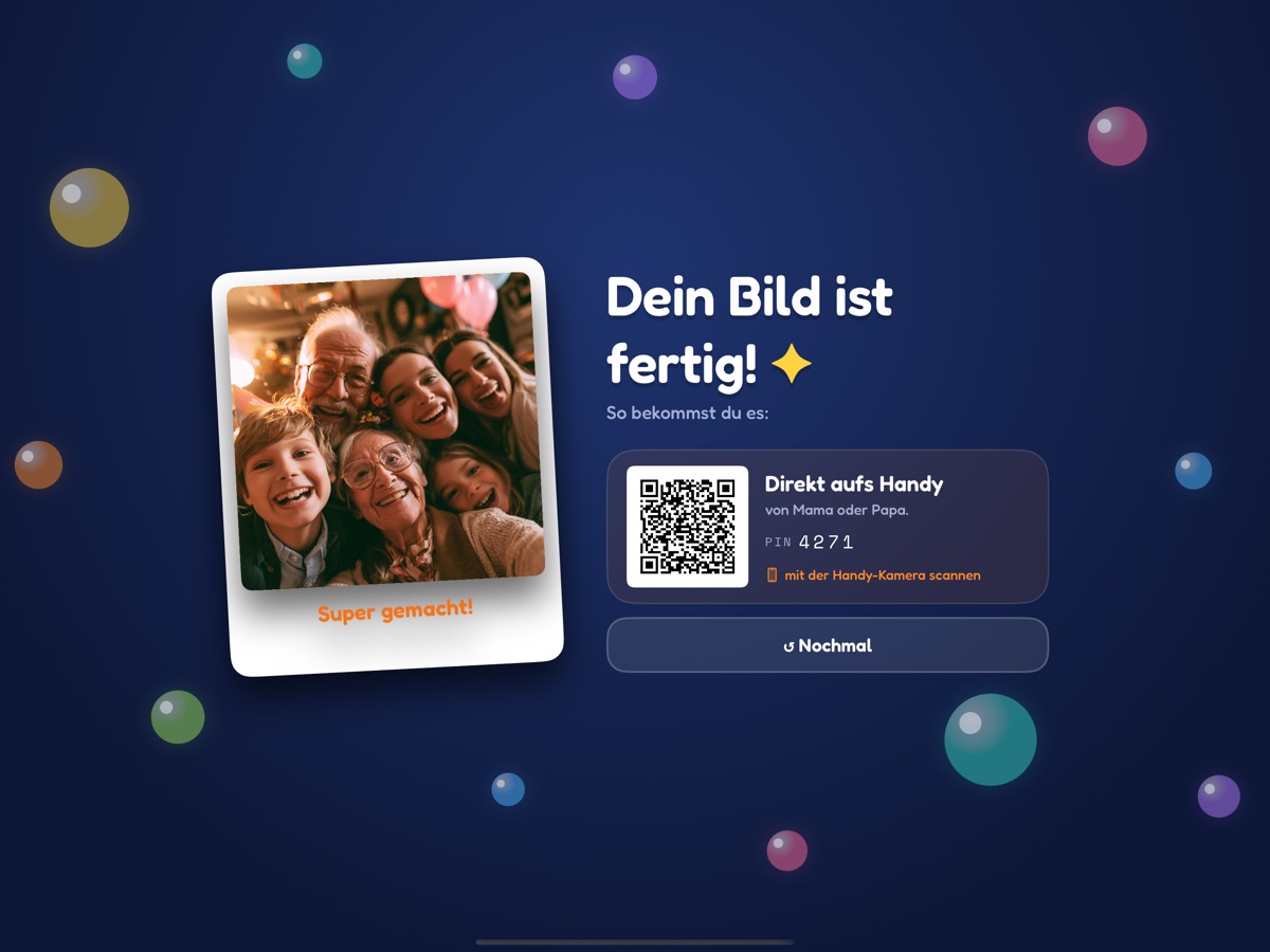 Vorschau nach der Aufnahme: „Dein Bild ist fertig!“ mit QR-Code zum Mitnehmen
